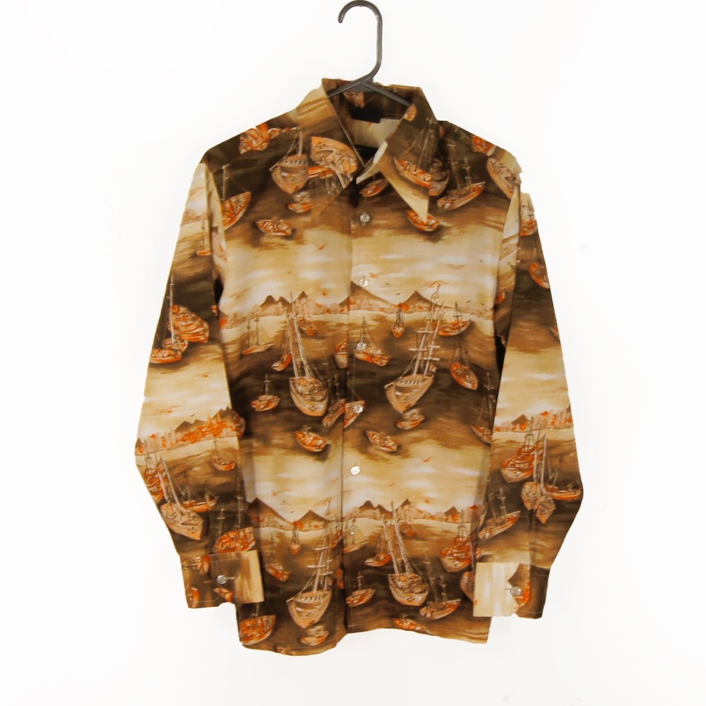 Vintage Brown Tan Retro Boat Ocean Scene Graphic Dagger Collar Blouse Top